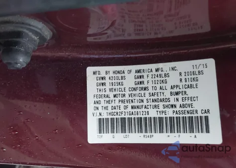 2016 Honda Accord Lx z USA, uszkodzony, nr VIN 1HGCR2F31GA081239